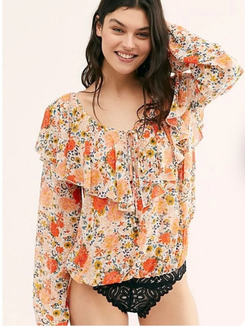 Free People Orange Peach Floral Ruffle Bodysuit, Fall, NWOT